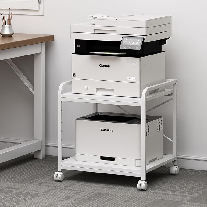Fannova 20 Inches Deep Large Printer Stand, 2 Tier Under Desk Printer Table with Height Adjustable Shelf, Rolling Printer Cart with Wheels for Home Office Storage - White