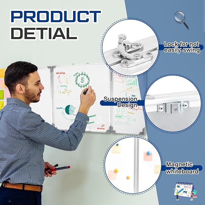 48” x 18” Foldable Whiteboard Dry Erase Board Large Tri Folding Whiteboard Magnetic Dry Erase Board, Wall Aluminium Frame and Flip Out Pen Tray for Office, Home