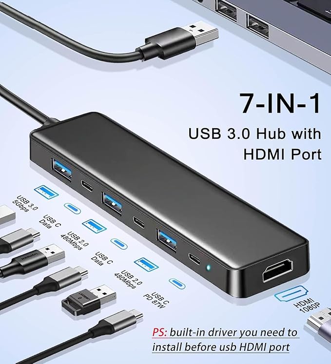VIENON USB 3.0 to HDMI Adapter (7-in-1), USB 3.0 Hub with HDMI 1080P, USB Extender Docking Station for Monitor, PC, Laptop, Desktop Support Windows 7/8/10 & Mac OS