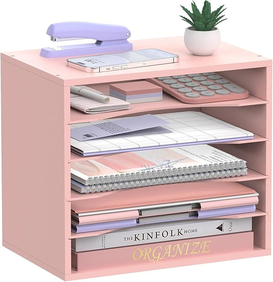 SHARKWOODS 5-Tier Wood Desk Organizer, Paper Tray Organizer for Desk with Adjustable Storage Shelves, Desktop File Organization Paper Sorter Mail Holder for Office Home Classroom, Pink