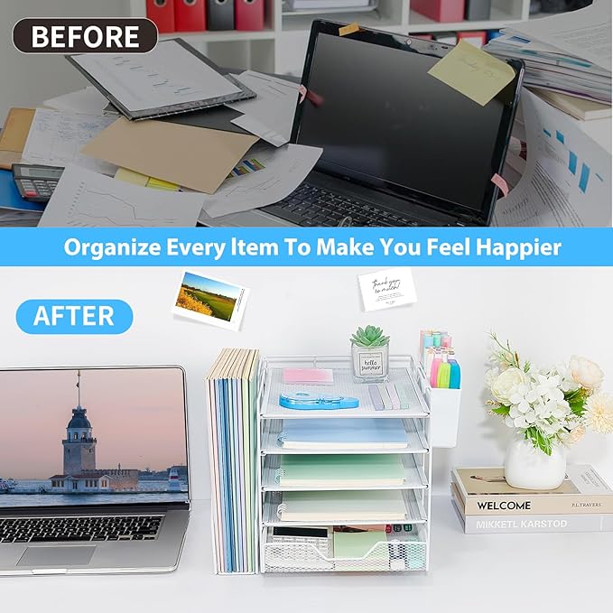 Gugsey Desk Organizer, 5-Tier Paper Letter Tray Organizer with File Holder, Drawer and Pen Holder, Desktop Organizer for Office Supplies, White