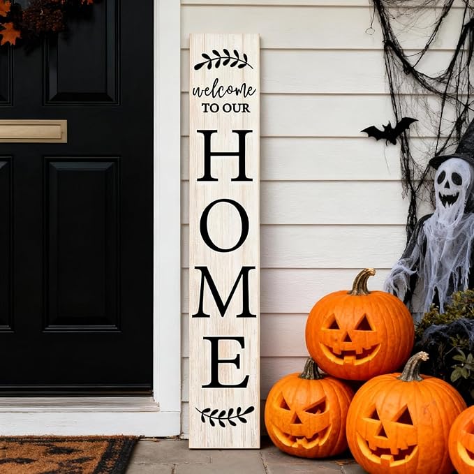 Welcome Sign for Front Porch, 47" Large Wooden Welcome to Our Home Sign Door Hanging Standing Plaque, Farmhouse Vertical Outdoor Porch Decorations for Yard Patio Entrance (White)