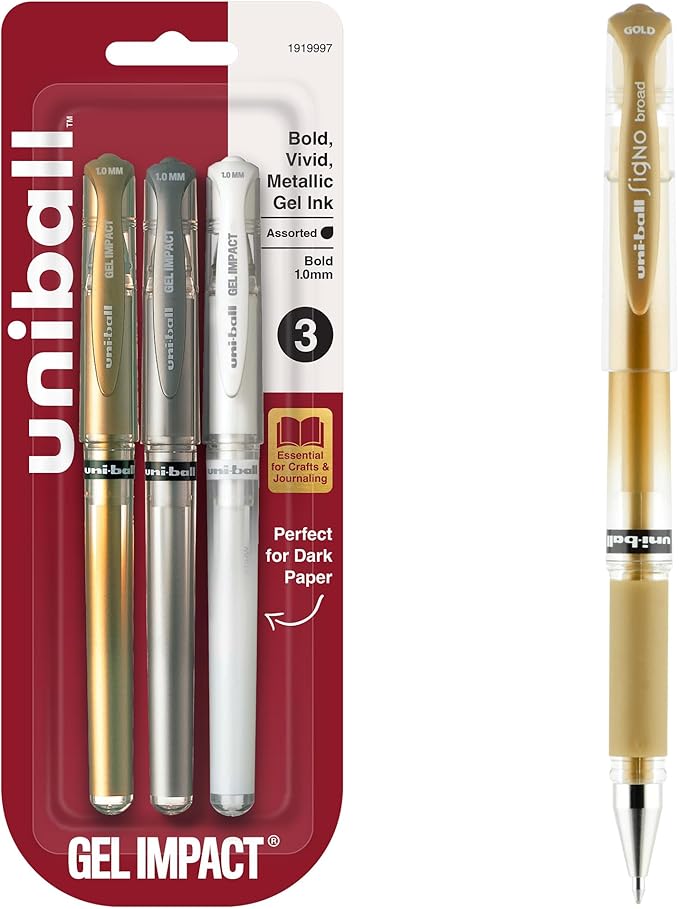 uniball Signo Gel Impact Pens, Bold Point (1.0mm), Assorted Metallic, 3 Pack