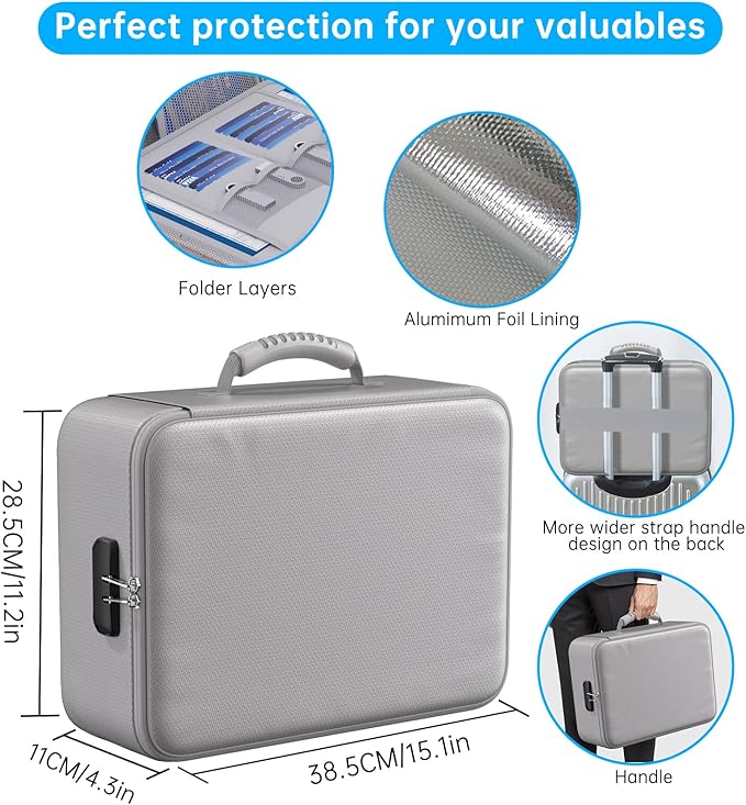 ENGPOW 5200°F Fireproof Document Bag with Lock, Upgraded Heat Insulated Fireproof＆Waterproof Box 8 Layers Document Organizer, Portable Home Travel Safe Storage Box for Important Files, Laptop, Silver