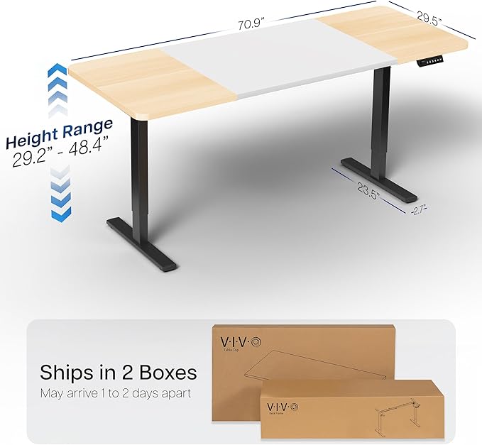 VIVO Electric 71 x 30 in Standing Desk, Memory Height Adjustment, 1B Series, Holds 220 lbs, White and Light Wood Top, Black Frame, DESK-KIT-1B7WC
