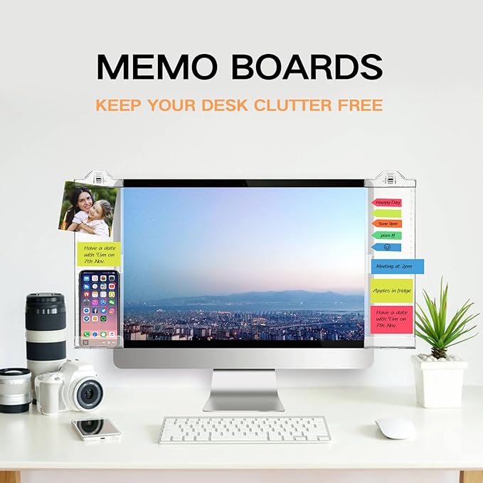 Monitor Memo Boards for Computer, Whole Transparent 2 Pack (Left & Right) Multifunction Acrylic Screen Message Reminder Pad Side Panel Phone Holder Organizer for Office Desktop, with Pen & Sticky Note