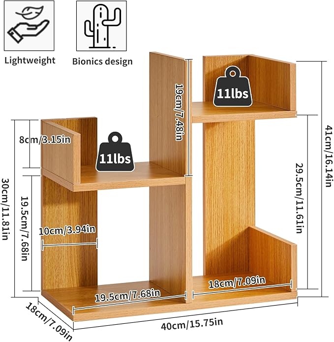 Aibiju Short Bookshelf Small Desk Organizer, Cactus Bookshelf Unique Bookcase, Book Display Shelf Small Plant Stand for Tabletop, Natural Wood Color YD-DSR002N