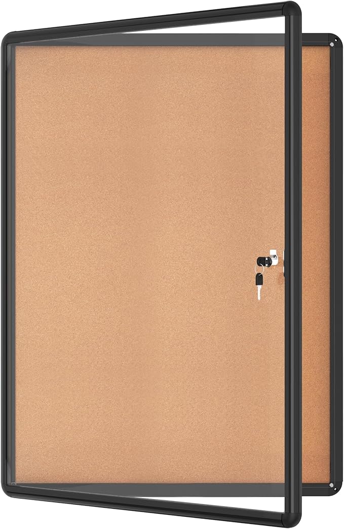Mifuro 38"x28" Enclosed Bulletin Board, Lockable Weather-Resistant Aluminum Cork Noticeboard for School & Office, Black Frame w/Cork