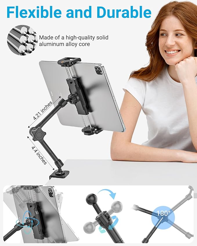 INSSKY Metal Kitchen Tablet Stand, Fit for 6.1-15.6" Devices, Magic Long Arm Mount for Cabinet, Desk, Table, with 360° Foldable Rotation Aluminum Holder, Compatible with iPad Pro/Air/Mini, Galaxy Tab