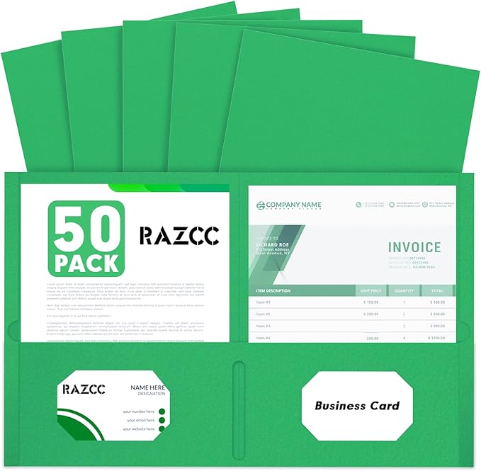 Two Pocket Folders, RAZCC 50 Pack 2 Pocket Folders Fit Letter Size Paper, Paper Folders with Pockets for School Office Business Home (Green)