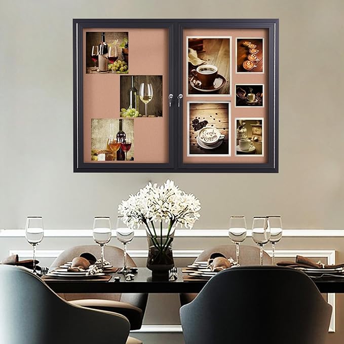 48x36 Inch Lockable Enclosed Bulletin Board, Weather-Resistant Outdoor Noticeboard with 2 Locking Doors, Wall-Mounted Black Aluminum Frame & Cork Presentation Board