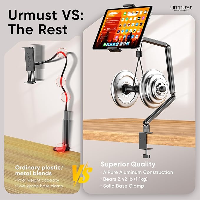 Urmust Tablet Stand for Desk, Adjustable iPad Holder Clamp Mount, 360° Rotation, Sturdy Aluminum Tablet Arm Mount for 4.7"-15.6" iPad Pro/Air/Mini, iPhone, Galaxy Tab, for Kitchen, Work, Video Call