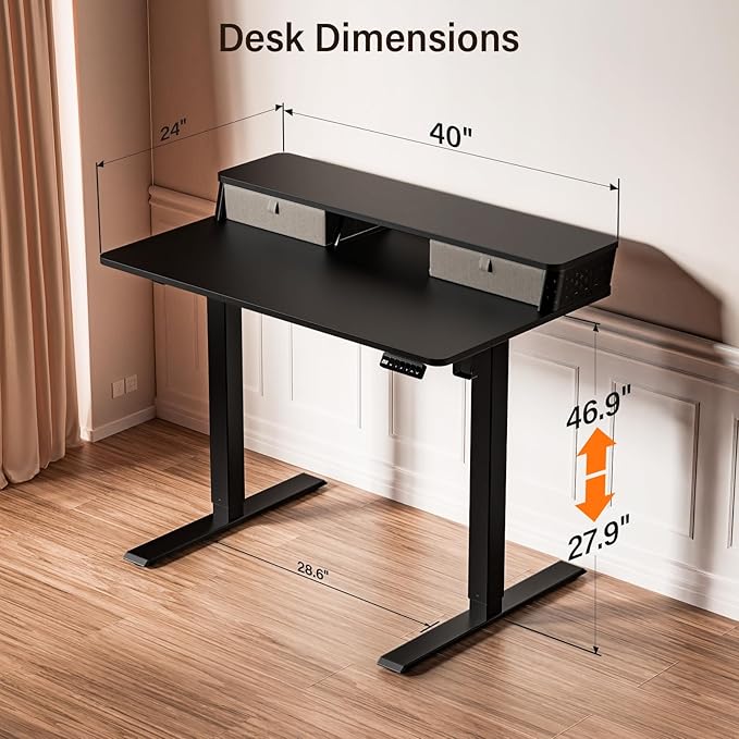 Kingant 40 x 24 Inch Electric Standing Desk with Dual Drawers, Height Adjustable Sit to Stand Computer Desk with Storage Shelf and C-Clamp Mount Compatibility for Home Office, Black