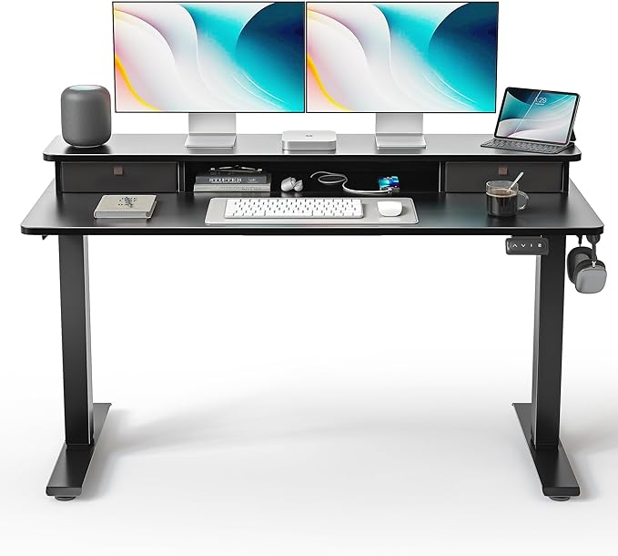 FEZIBO 55 x 24 Inch Height Adjustable Electric Standing Desk with Double Drawer, Stand up Home Office Computer Desk with 4 Height-Adjustable Feets & 2 Hooks, Black