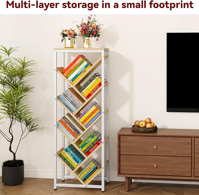 IBUYKE 9 Tier Tree Bookshelf, Floor Standing Wood Bookshelf for Narrow Space, Storage Organizer Bookcase for Books/CDs/Movies, Small Corner Bookcase for Bedroom Living Room,Natural,TBC002N