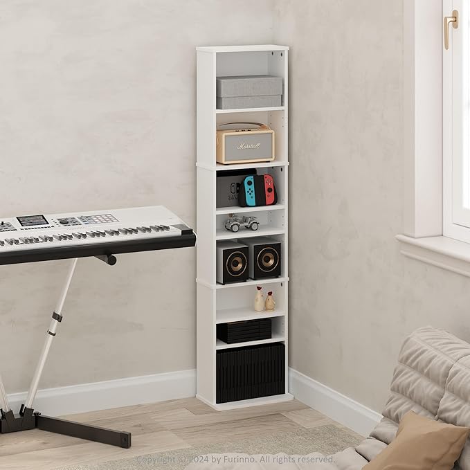 Furinno Jaya DVD Shelf, 9-Shelf Tall Narrow CD Rack, Media Shelf with Adjustable Shelves, DVD Storage Cabinets for CD Blueray Game Disc, Easy Assembly, for Living Room, Home Office, White