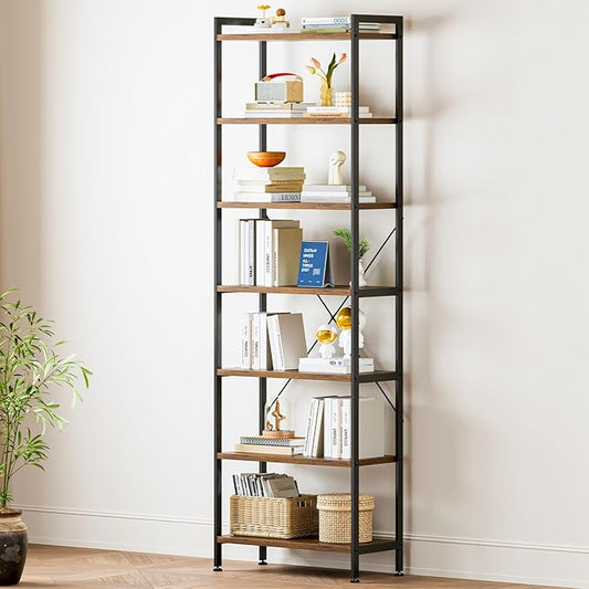 Casaottima Book Shelf, 7 Tier Tall Bookshelf, Modern Wood Bookcase Shelves for Bedroom, Industrial Display Shelf for Living Room Home Office Kitchen, Standing Shelving Unit Storage Organizer, Vintage