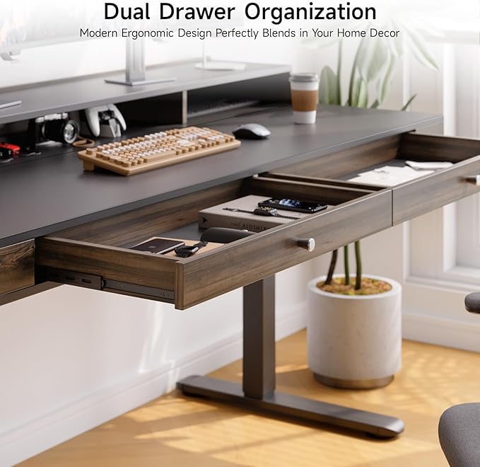 ONBRILL Modern Standing Desk with Storage, 63x23.6 Inch Electric Adjustable Height Desk with 2 Drawers, 3 Open Storage Zones, Black