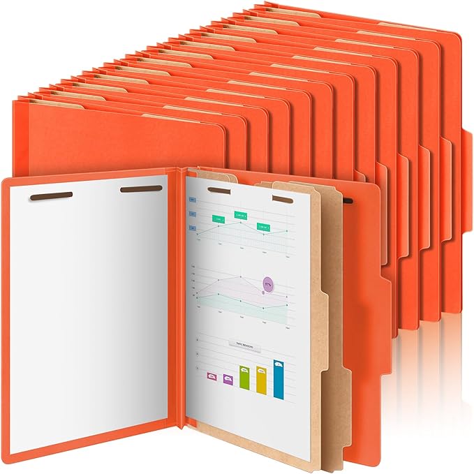 Skyygemm 48 Pcs Classification Folders Letter Size, 2 Divider Pressboard File Folders with 3. 5 Inch Expansion, 2 Prongs Fastener, Heavy Duty Office File Organizers for Teachers, Medical (Orange)