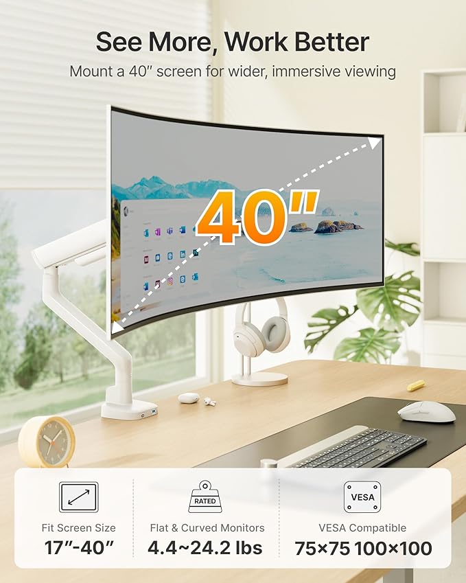 monTEK Single Monitor Arm with USB, Mechanical Spring Monitor Arm for 17-40" Screens, Adjustable Monitors Desk Mount Holds up to 24.2 lbs with C Clamp/Grommet Desk Mount, VESA 75/100mm, MA1011UCWH