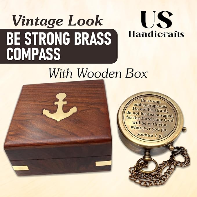 Be Strong and Courageous, Do Not Be Afraid Brass Engraved Compass with Stamped Wooden Case – Inspirational Birthday, Confirmation, and Baptism Gifts