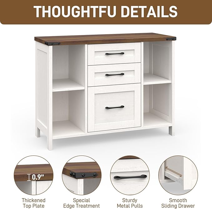 Vabches File Cabinet with 3 Drawers, Farmhouse Lateral File Cabinet Fits Files Letter/A4 Size, Wooden Filing Cabinet with Adjustable Shelves Printer Stand for Home Office, White