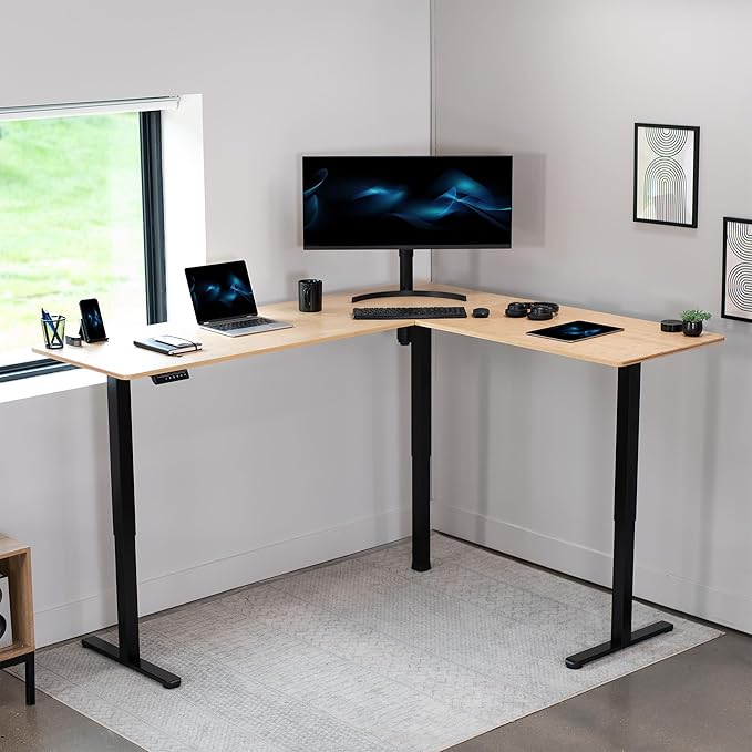 VIVO Electric Corner 75 x 63 inch L-Shaped Standing Desk, Memory Height Adjustment, Real Bamboo Top Black Frame, DESK-E3CTBO-75