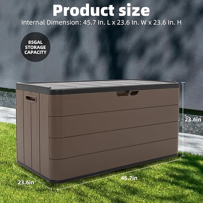 TARKARI Premium Pro Edition 100 Gallon Lockable Resin Deck Box, Waterproof & UV-Resistant Outdoor Storage Box for Outdoor Cushion Storage, Garden Tools & Pool Accessories Storage, Brown