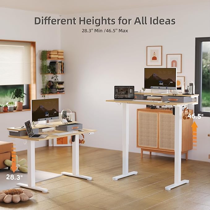 Claiks Electric Standing Desk with 2 Drawers, Adjustable Standing Desks with Storage, Height Adjustable Stand up Desk for Home Office with 2 Hooks,48 Inch Natural