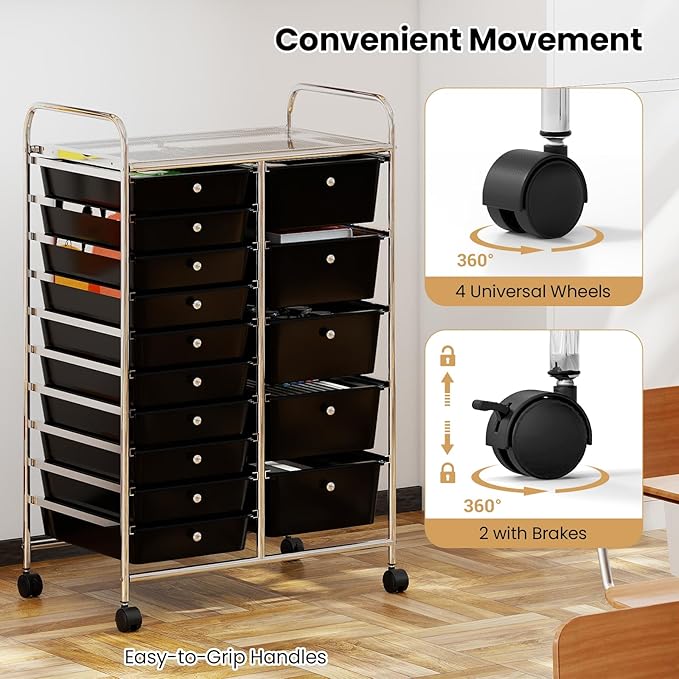 Giantex 15 Drawer Rolling Cart with Drawers, Storage Organizer Cart for Classroom Office School Teacher, Mobile Drawer Cart for Tools, Crafts, Small Printer, Black