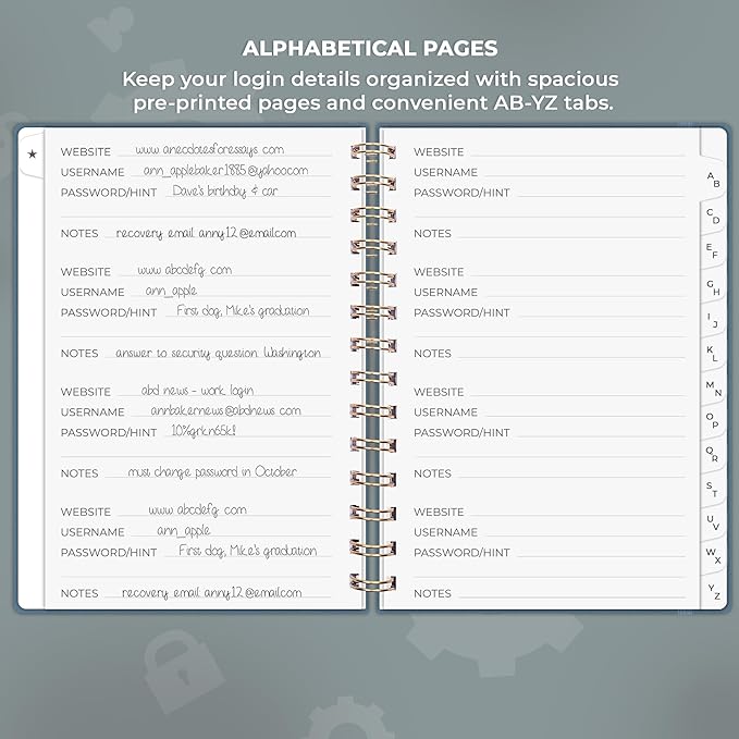 Clever Fox Password Book Spiral – Internet Address & Password Organizer with Laminated Alphabetical Tabs – Password Keeper Journal – Hardcover, Medium Size, 6.1x7.7” (Deep Sea)