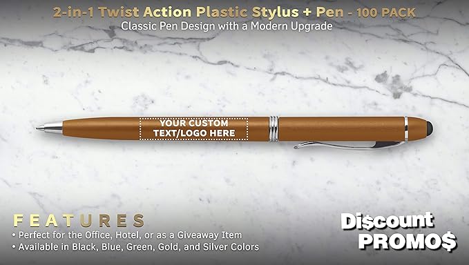 DISCOUNT PROMOS Custom Twist Action Plastic Stylus Pens, Set of 100, Personalized Bulk Pack - Pens for Work, Cool Pens for Writing, Black Ink - Gold