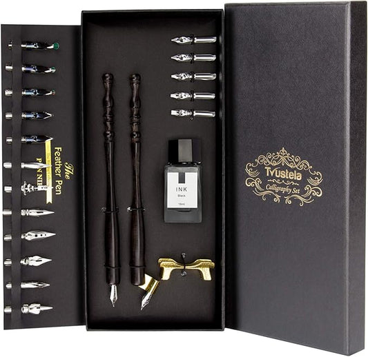 Trustela Calligraphy Set for Beginners, Dip Pen Set with 19 Nibs, Oblique Pen Holder, Wooden Pen Set