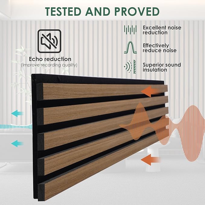 VallisCo 4-Piece Wood Slat Acoustic Panels for Stylish Interior Decor & Noise Reduction - 94.5" x 7.9" 3D Solid Wood Wall Panels for Ceiling and Wall, Covers 20.66 Sq Ft, Walnut