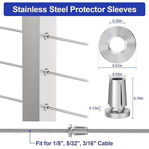 BLIKA Upgraded 80 Pack Stainless Steel Protector Sleeves for 1/8" 5/32" or 3/16" Deck Cable Railing, for Metal Posts, T316 Marine Grade, Cable Railing Protector Sleeves