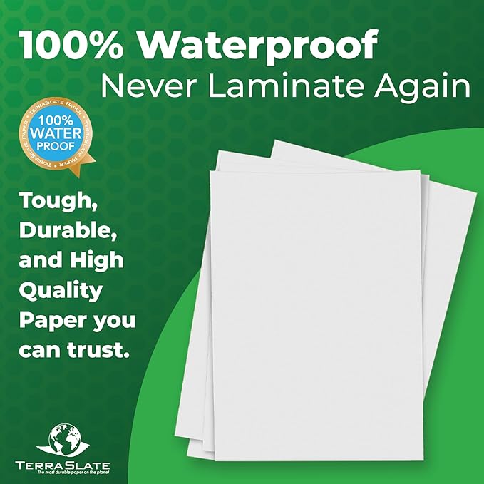 TerraSlate Printable Waterproof Paper for Laser Printer, 10 MIL 8.5" x 14", 250 Sheets, Matte White Printer Paper, Rip-Resistant, Weather/Rain Proof Copy Paper