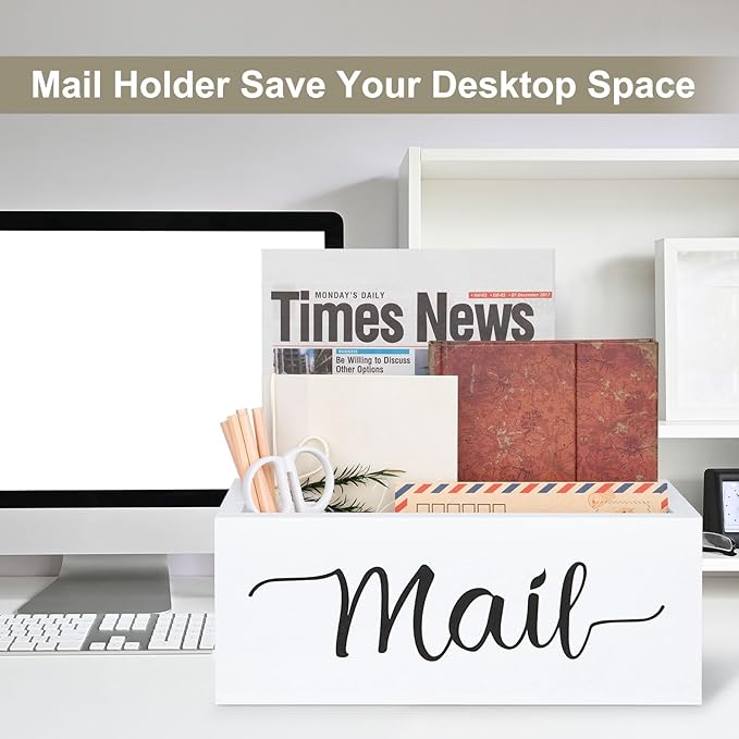 Desk Mail Organizer, Mail Organizer Countertop with 3 Slots, Wood Desk Mail Storage Box, Envelop Holder for Home Office (White-3 Slot)