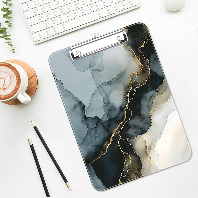 Luminzo Plastic Cute Clipboard Low-Profile Metal Clip, A4 Letter Size 9 x 12.5 in, 8.5 x 11 Paper Clip Board for Teachers, Nurses, Classroom,Ink Painted Marble