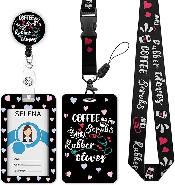 Funny Nurse Lanyards for ID Badges Name Tags ID Card Holder, ID Badge Holder with Breakaway Lanyard, Cute Badge Reel Badge Clip Retractable, Coffee Scrubs and Rubber Gloves (Black)