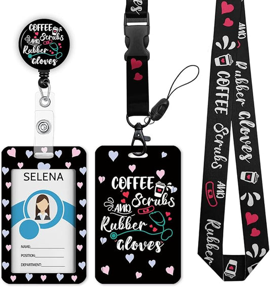 Funny Nurse Lanyards for ID Badges Name Tags ID Card Holder, ID Badge Holder with Breakaway Lanyard, Cute Badge Reel Badge Clip Retractable, Coffee Scrubs and Rubber Gloves (Black)