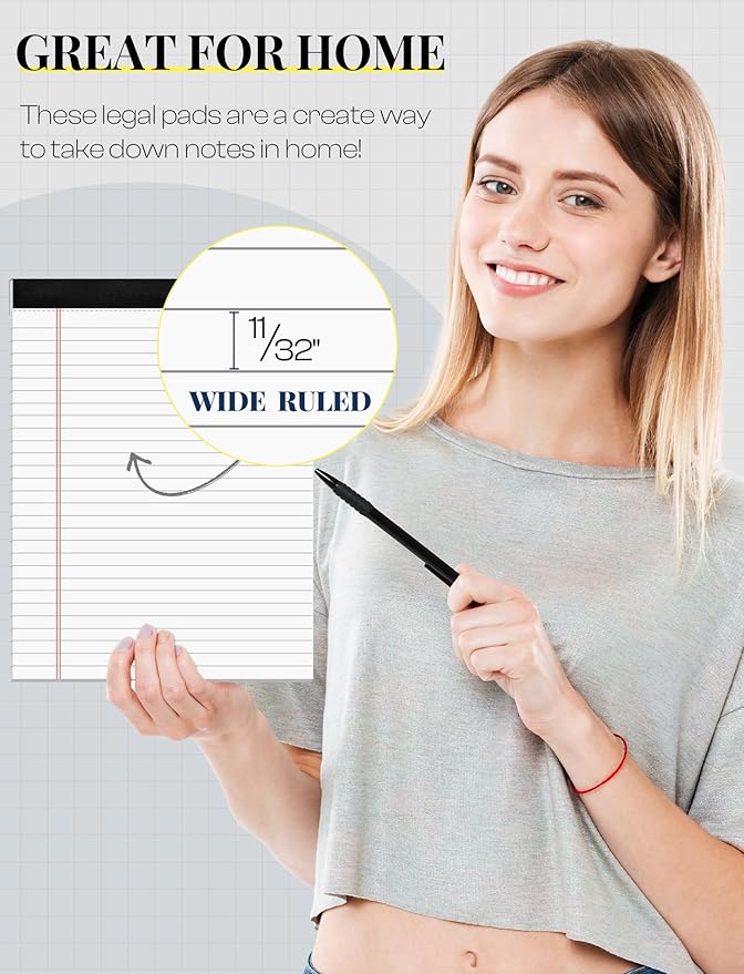 6 Pack 8.5 x 11 Legal Pads for Office Supplies Paper Pads 8.5 x 11 White Note Pads for Work Lined Writing Pads Notebook White Legal Pads Wide Ruled Notepads 30 Sheets Per Writing Pad Legal Note Pad