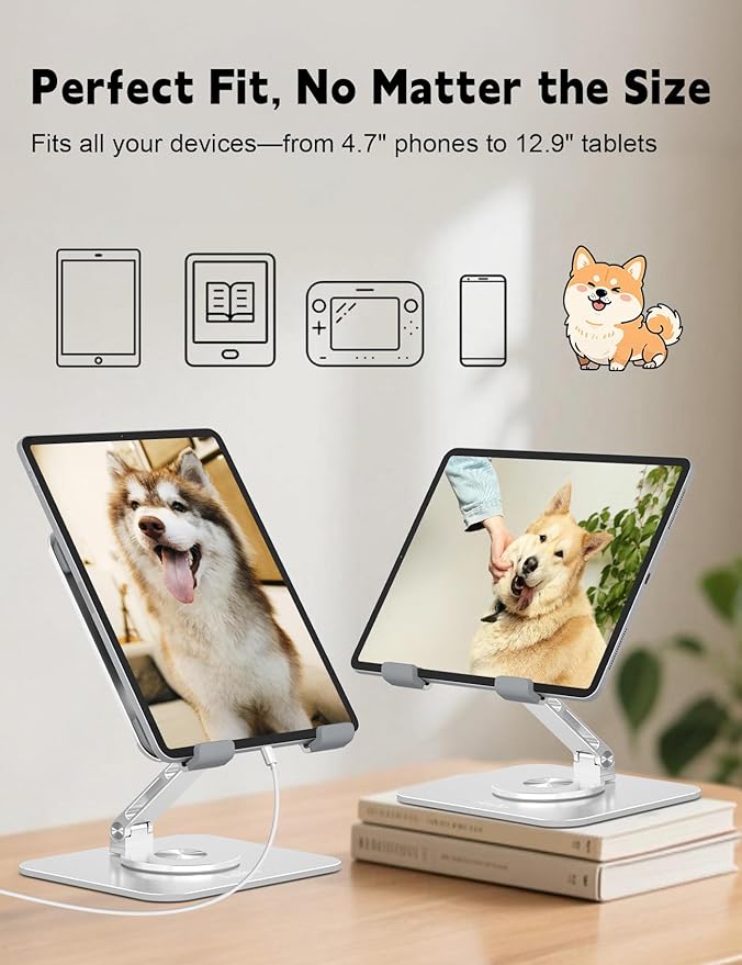 Aoviho Adjustable Tablet Stand for iPad - 360° Rotating Aluminum Desk Holder, Foldable Stable Stand for iPad Pro 12.9/11, Samsung Galaxy Tab, Home Office & Travel, Silver