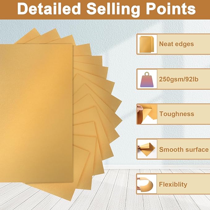 Silunkia 28 Sheets Gold Shimmer Cardstock 8.5 x 11 Metallic Paper, 250gsm/92lb Premium Glossy Paper Card Stock for DIY Cards Making, Anniversaries, Wedding Invitations, School Crafting, Greeting Cards