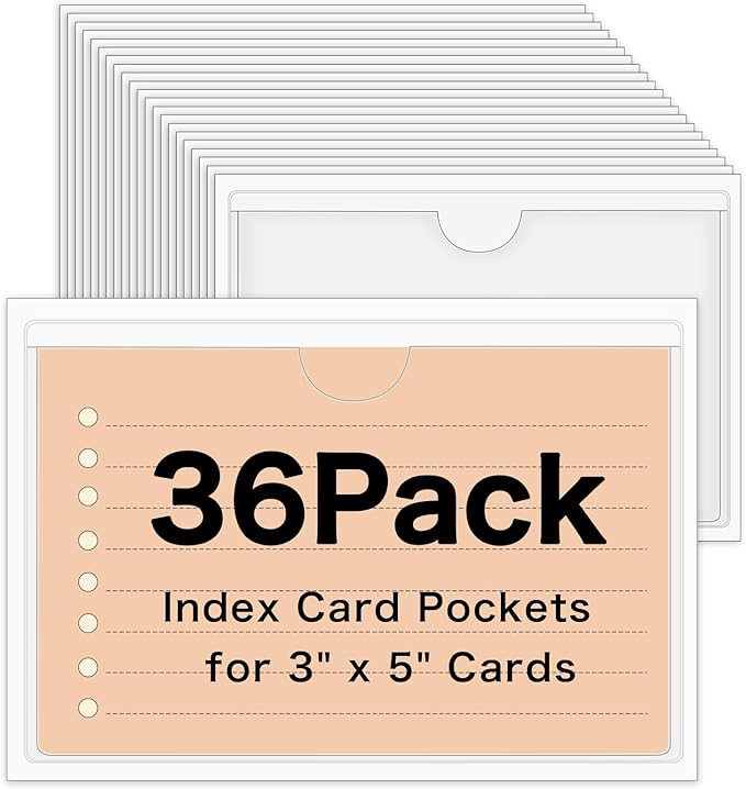 36 Pack 3" x 5" Index Card Holder Adhesive Plastic Label Holders Clear Tote Bag Labels Stickers for Organizing Storage Bins Library Card Shelves