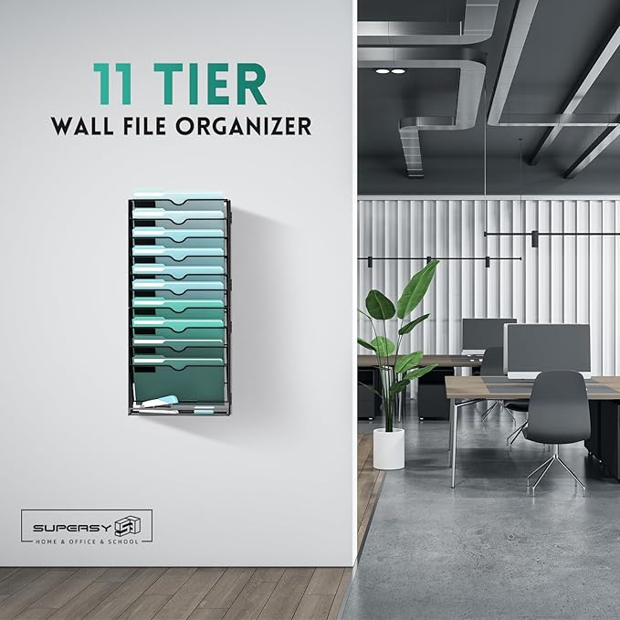 SUPEASY 11-Tier Wall File Organizer, Hanging Wall Files for Papers, Folders, Magazines, Wall Organizer for Clipboard, Assembly Needed, Black