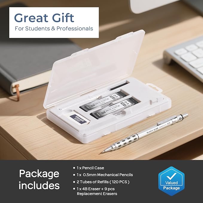 Nicpro Blocky Gear 0.5 mm Mechanical Pencil Set in Case, Metal Pencil with Lead Refills, Eraser for Professional & Adult Art Writing Drafting Drawing