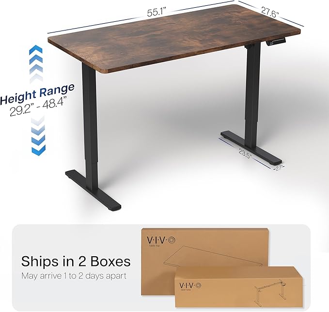 VIVO Electric 55 x 28 in Standing Desk, Memory Height Adjustment, 1B Series, Holds 220 lbs, One-Piece Rustic Vintage Brown Top, Black Frame, DESK-KIT-1B55N