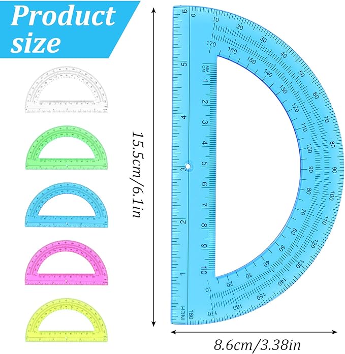 100 Pieces Protractors Bulk Plastic 180 Degrees 6 Inch Translucent Protractors for Geometry, Angle Measurement, 5 Colors