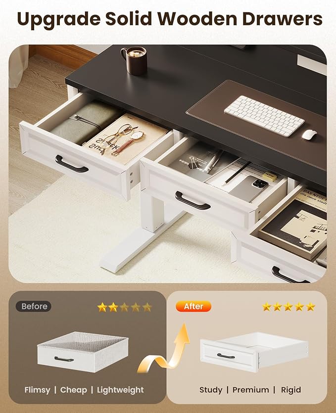 OffiGo Electric Standing Desk with 3 Wooden Drawers, 48 Inch Height Adjustable Desk with Power Outlets & LED Lights, Black and White Sit Stand Table with Monitor Stand for Home, Office, Workstation
