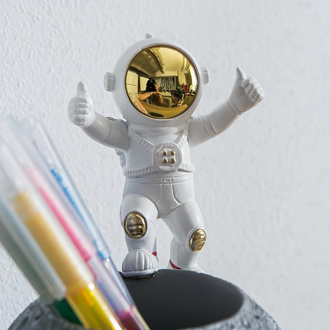 Kimdio Pen Holder, Astronaut Stand for Desk Pencil Holder, Resin Desk Moon Organizer Decorative Accessories Ideal Gift for Office, Classroom, Home - Grey